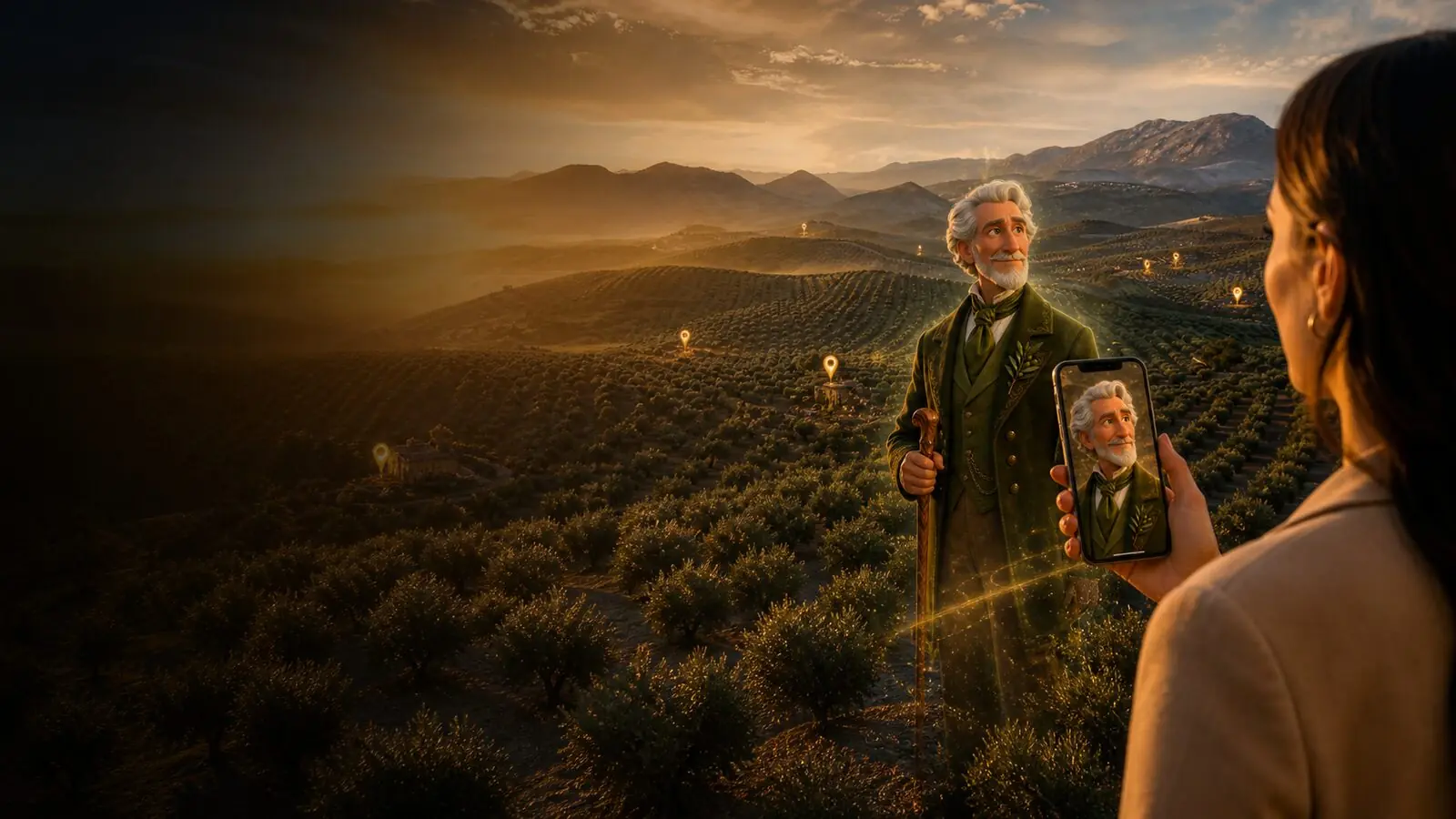 Amanecer sobre un olivar con avatar 3D de realidad aumentada