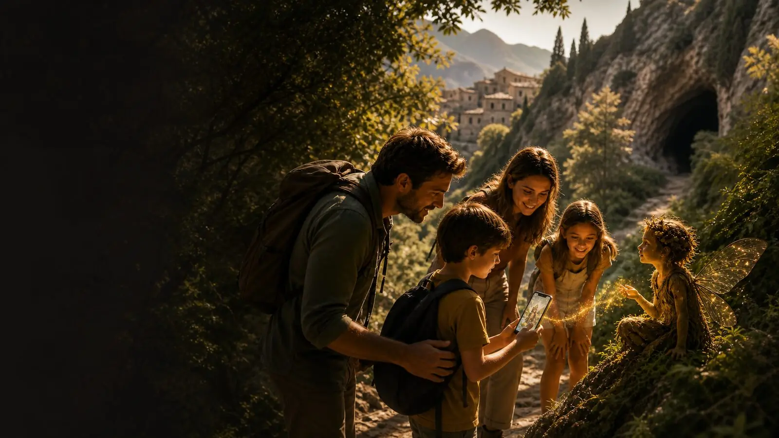 Familia usando realidad aumentada en plena naturaleza