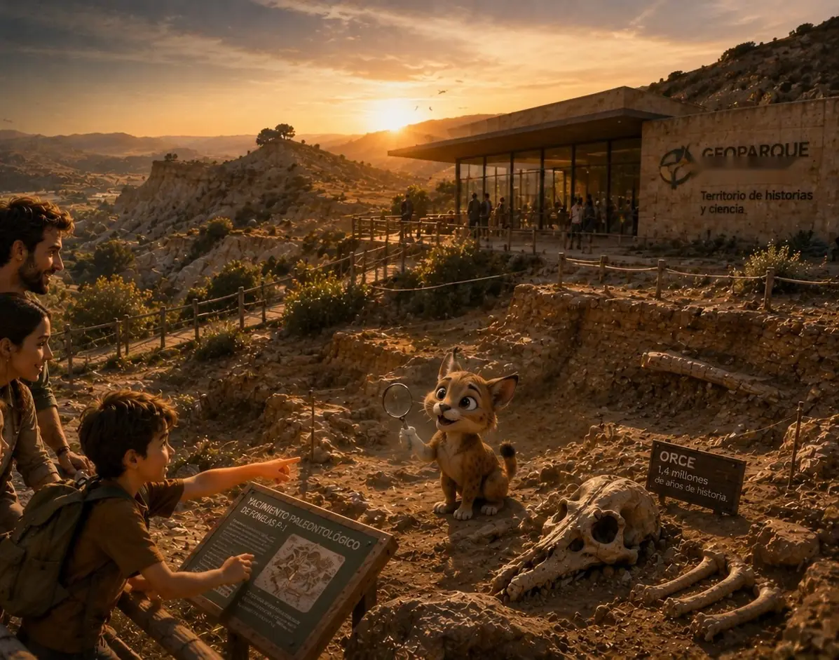 Familia explorando el yacimiento paleontológico de Orce en el Geoparque