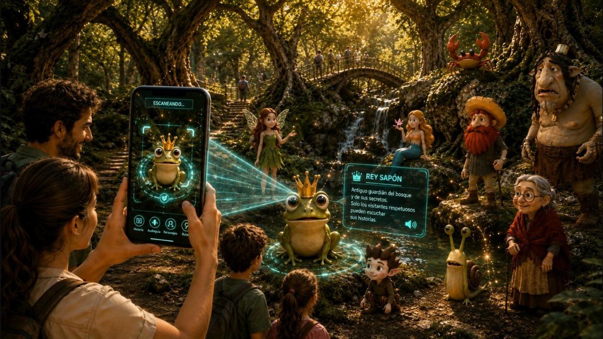Familia usando una tableta de realidad aumentada para descubrir al Rey Sapón y otras criaturas mágicas en un bosque de Andalucía