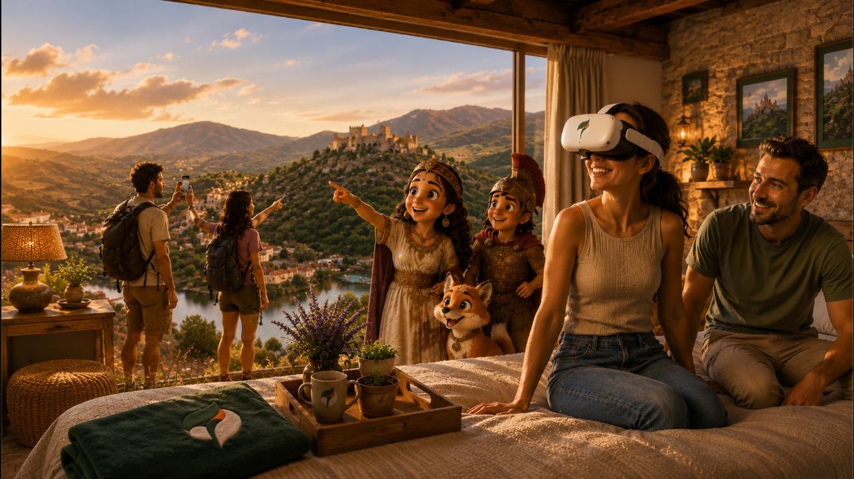 Grupo disfrutando de turismo rural inmersivo con vistas a un pueblo histórico de Andalucía al atardecer